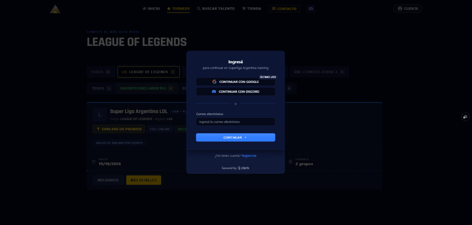 Página de torneo de League of Legends en Superliga Argentina Gaming